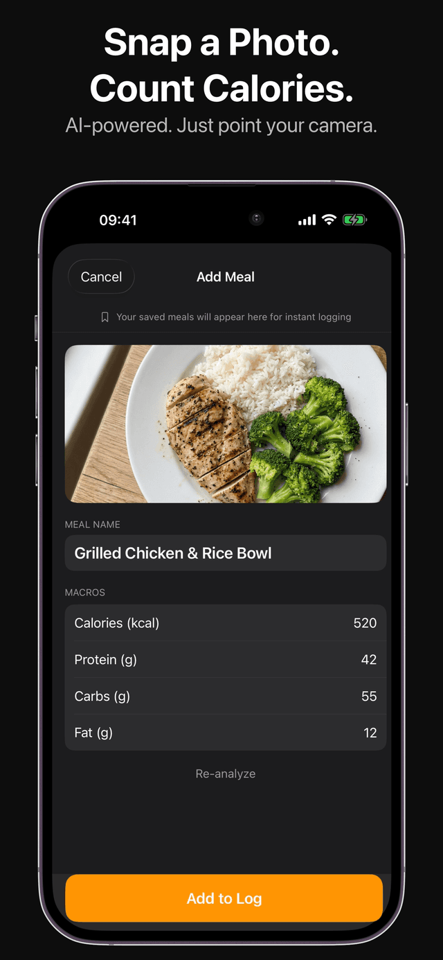 CaloBurner AI scanning a grilled chicken and rice bowl, showing 520 calories, 42g protein, 55g carbs, and 12g fat