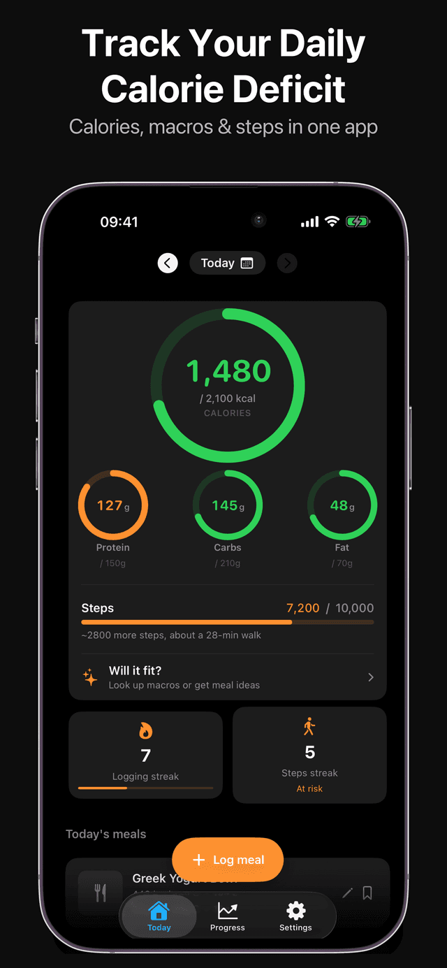 CaloBurner daily dashboard showing 1,480 of 2,100 calories with protein, carbs, and fat progress rings