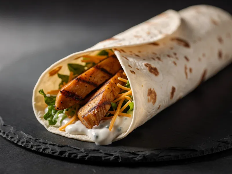 McDonald's Snack Wrap with flour tortilla, crispy chicken strip, shredded cheddar jack cheese