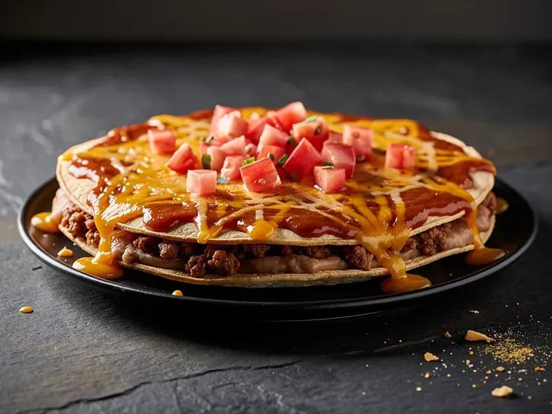 Taco Bell Mexican Pizza with two fried flour tortilla shells, seasoned beef, refried beans