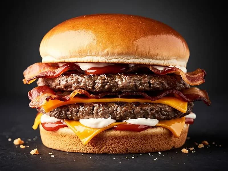 Wendy's Baconator with premium toasted bun, beef patties (2x 113g / 1/4 lb), applewood smoked bacon (6 strips)