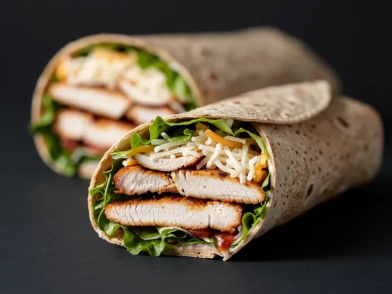 Chick-fil-A Cool Wrap with flaxseed flour flat bread, grilled chicken breast (sliced), monterey jack and cheddar cheese