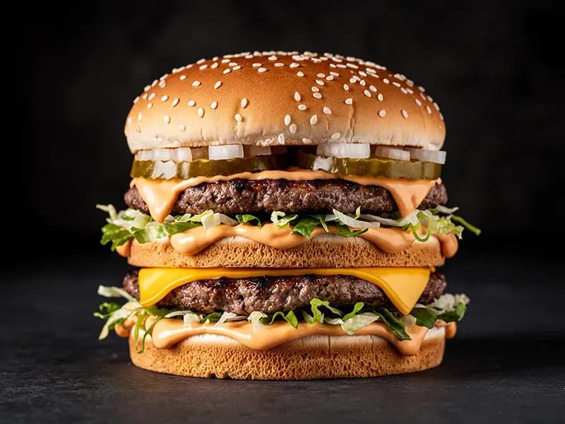 McDonald's Big Mac with sesame seed bun (3-part), beef patties (2x 45g / 1/10 lb), big mac sauce