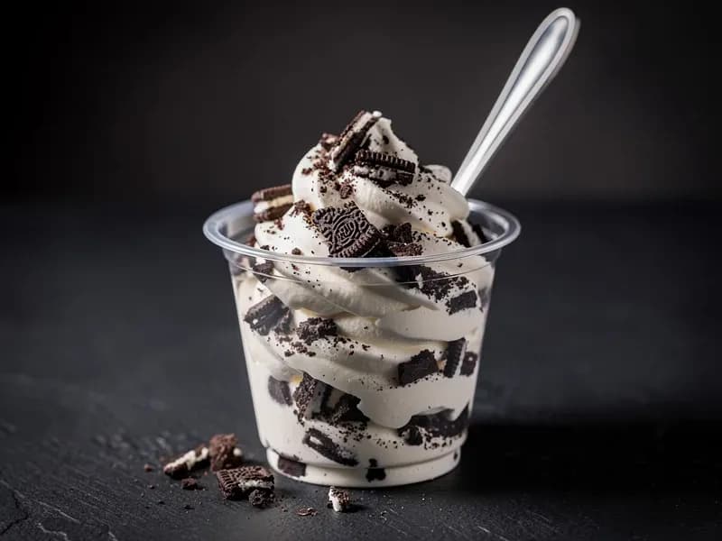 McDonald's McFlurry (Oreo) with vanilla soft serve ice cream, oreo cookie pieces, whirl mix and syrup