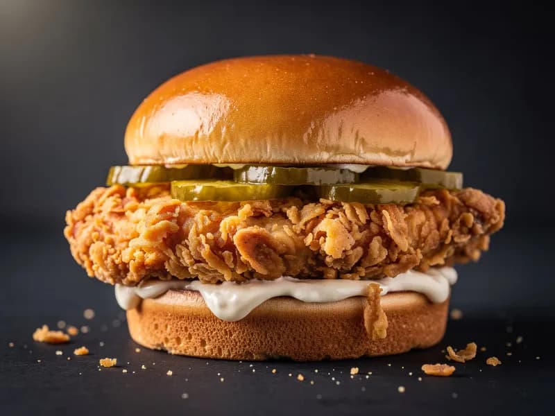 Popeyes Classic Chicken Sandwich with brioche bun, breaded chicken breast (fried), mayonnaise