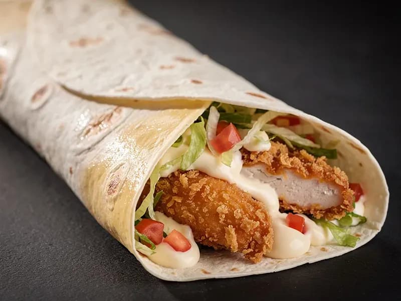 Popeyes Chicken Wrap with flour tortilla (10-inch), crispy fried chicken strips, mayonnaise sauce