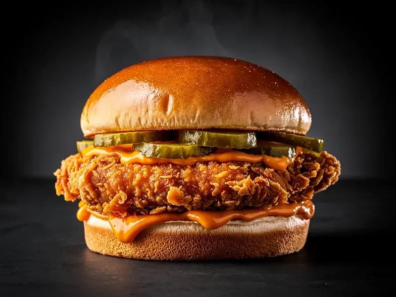 Popeyes Spicy Chicken Sandwich with brioche bun, breaded chicken breast (fried), spicy cajun mayonnaise