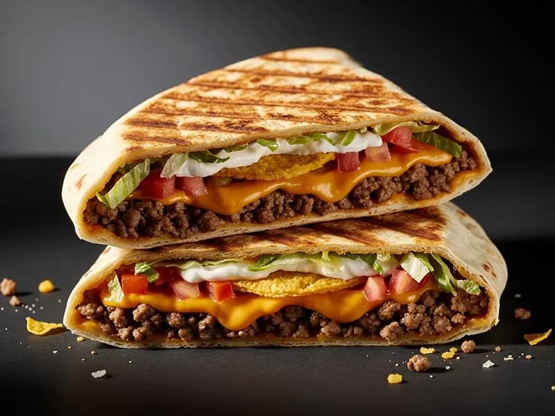 Taco Bell Crunchwrap Supreme with large flour tortilla (12-inch), seasoned beef, nacho cheese sauce