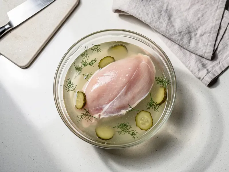 Step 1: Place the chicken breast in a bowl and cover with dill pickle juice. Refrigerate
