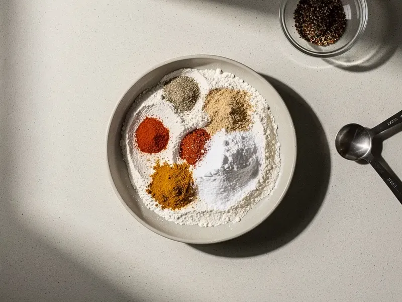 Step 2: In a shallow dish, mix the flour, powdered sugar, paprika, garlic powder, celery