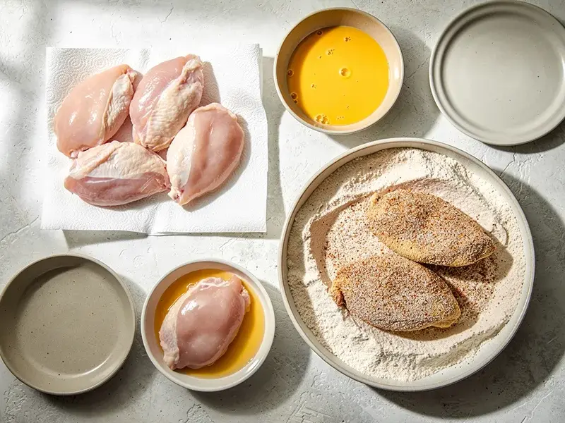 Step 4: Remove chicken from the brine and pat dry. Dip in the egg wash, then press firml