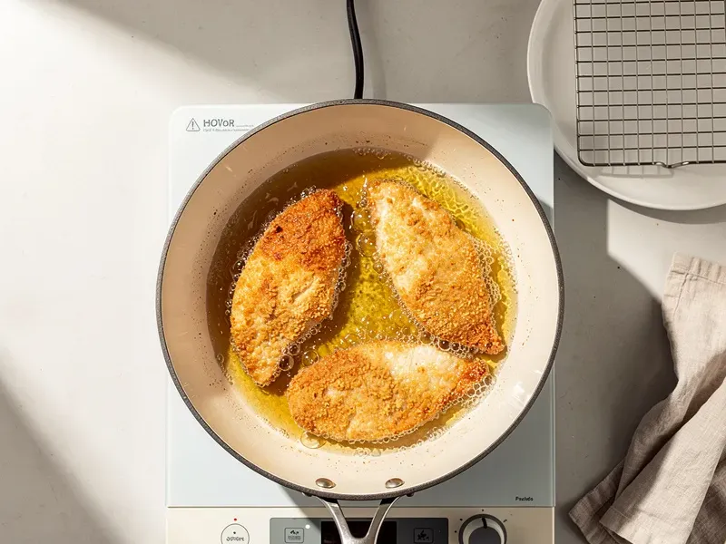 Step 5: Heat peanut oil (or vegetable oil) in a deep skillet or pot to 350F (175C). Fry 