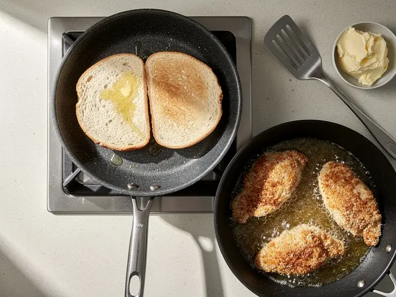Step 6: While the chicken fries, spread butter on both halves of the bun and toast in a 