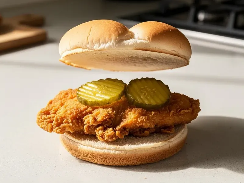 Step 7: Assemble the sandwich: place the fried chicken on the bottom bun, add two dill p