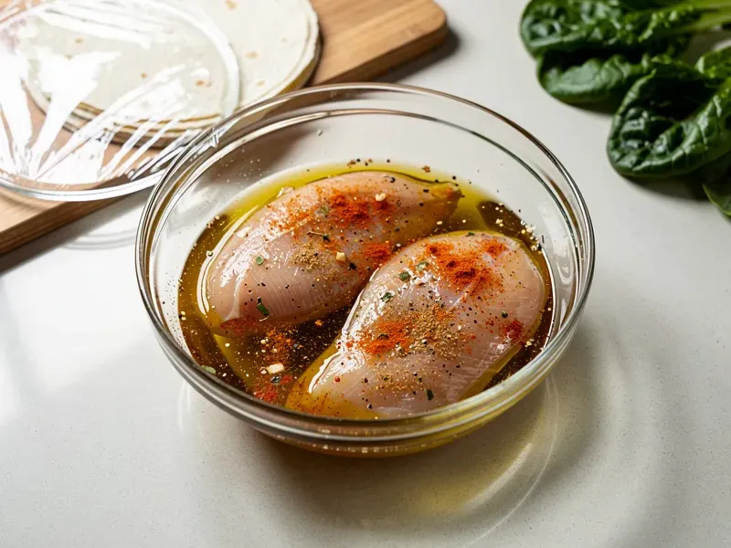 Step 1: Combine olive oil, lemon juice, garlic powder, paprika, salt, and pepper in a bo