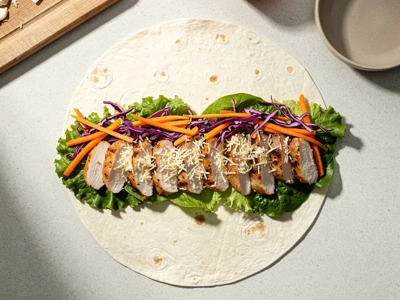 Step 4: Layer the lettuce down the center of the tortilla. Add the sliced chicken, shred