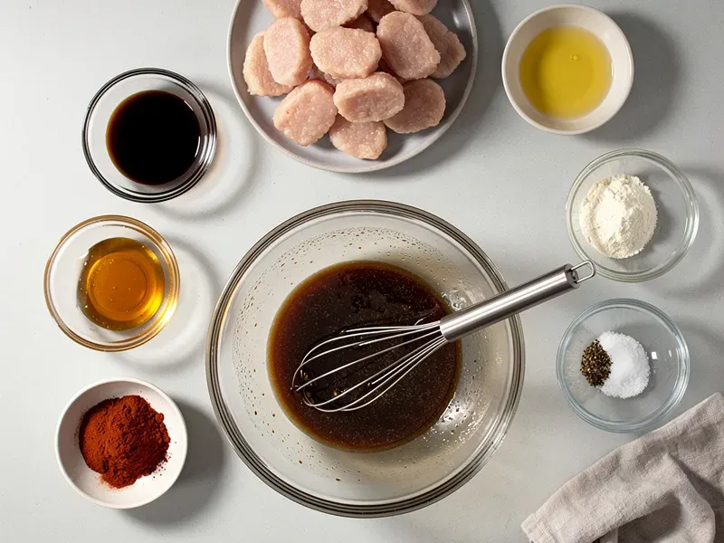 Step 1: In a bowl, whisk together the soy sauce, lemon juice, olive oil, honey, garlic p