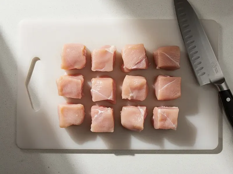 Step 2: Cut the chicken breasts into bite-sized nugget pieces (about 2.5cm (1-inch) cube