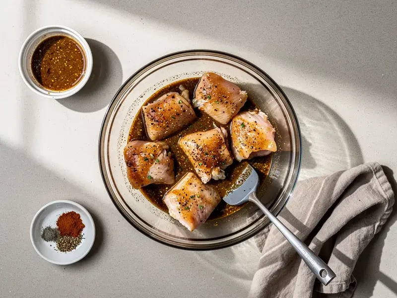 Step 3: Add the chicken pieces to the marinade, toss to coat evenly, cover, and refriger