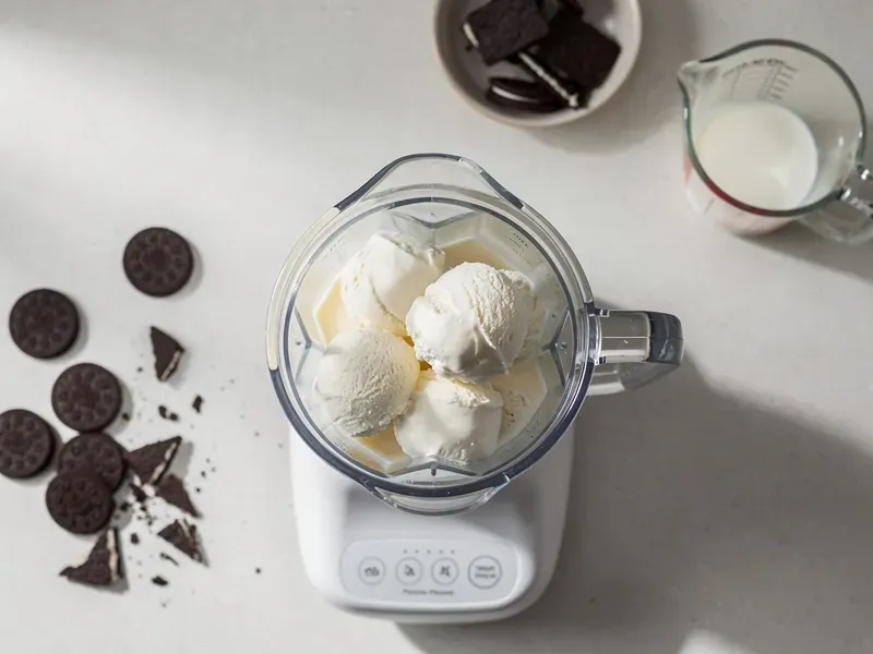 Step 1: Add the vanilla ice cream and milk to a blender. Blend on low speed for 15 to 20