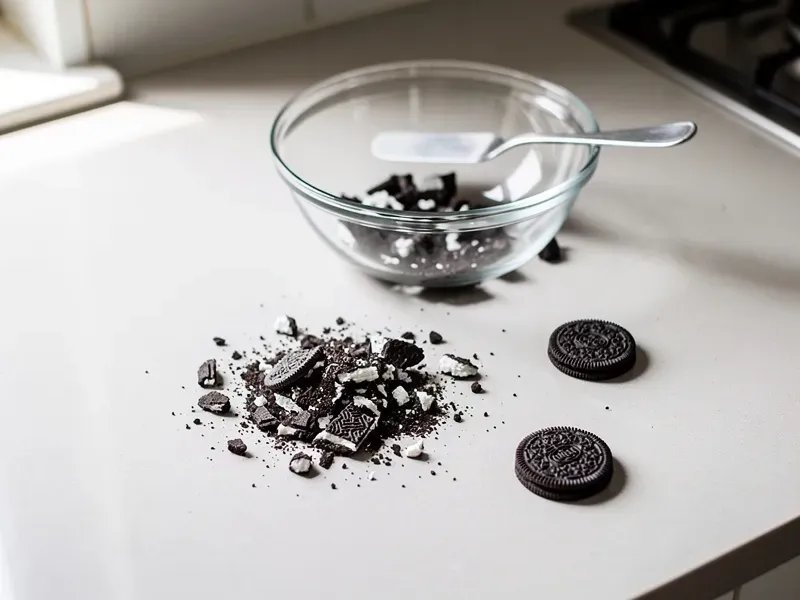 Step 2: Crush 5 of the cookies into small pieces and large chunks. Reserve 1 cookie for 