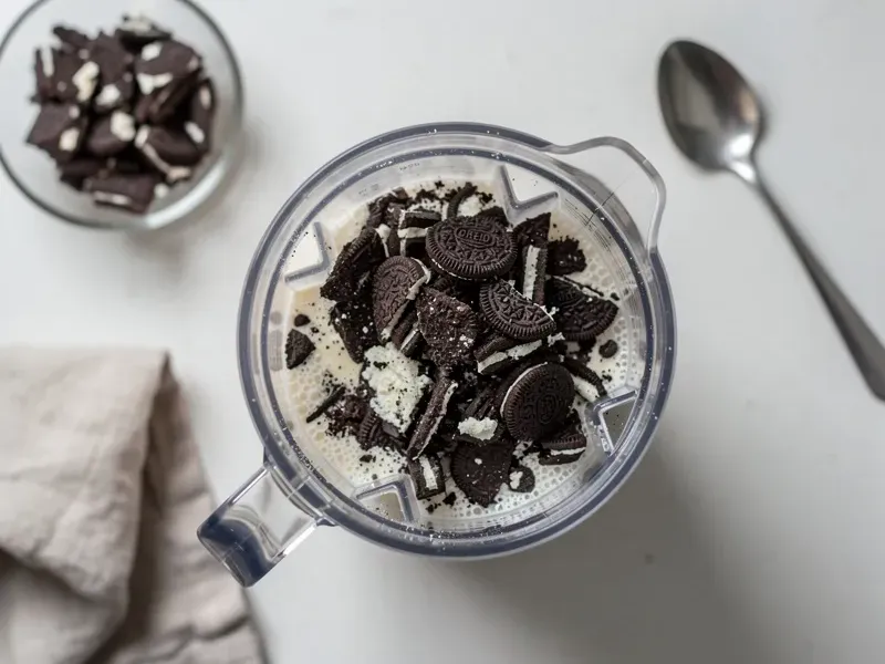 Step 3: Add the crushed cookies to the blender and pulse 3 to 4 times to mix them in wit