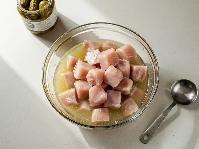Step 1: Cut the chicken breast into bite-sized pieces, roughly 2.5cm (1 inch) cubes. Pla