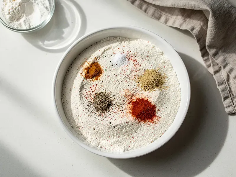 Step 2: In a shallow dish, combine the flour, powdered sugar, paprika, garlic powder, ce