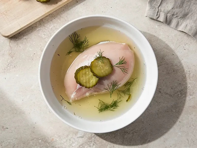 Step 1: Place the chicken breast in a bowl and cover with dill pickle juice. Refrigerate