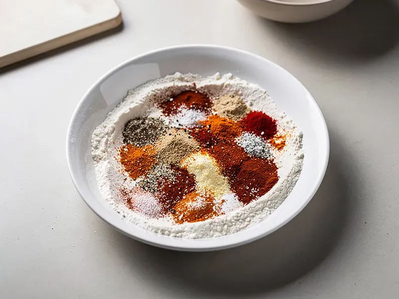 Step 2: In a shallow dish, mix the flour, powdered sugar, paprika, cayenne pepper, chipo