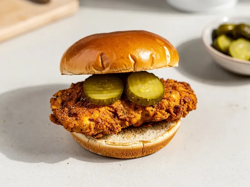 Step 7: Assemble the sandwich: place the spicy fried chicken on the bottom bun, add two