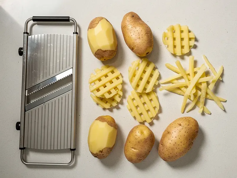 Step 1: Wash and peel the potatoes. Using a waffle fry cutter or mandoline with a crinkl