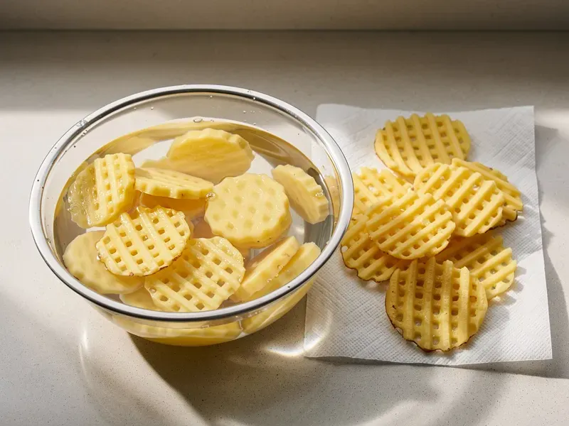 Step 2: Soak the waffle-cut potatoes in cold water for 20 minutes to remove excess starc