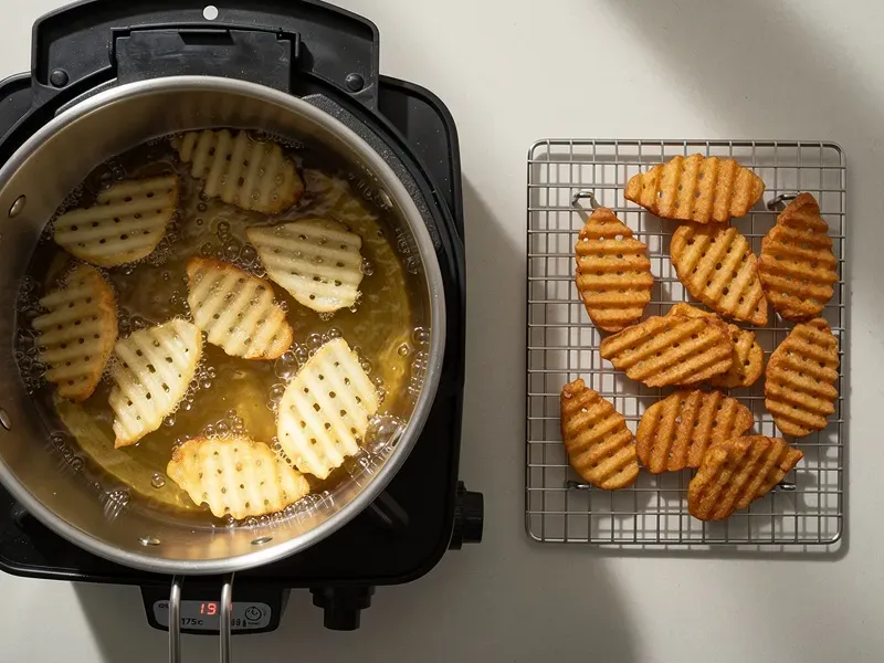 Step 3: Heat oil in a deep pot or fryer to 175C (350F). Fry the potatoes in small batche