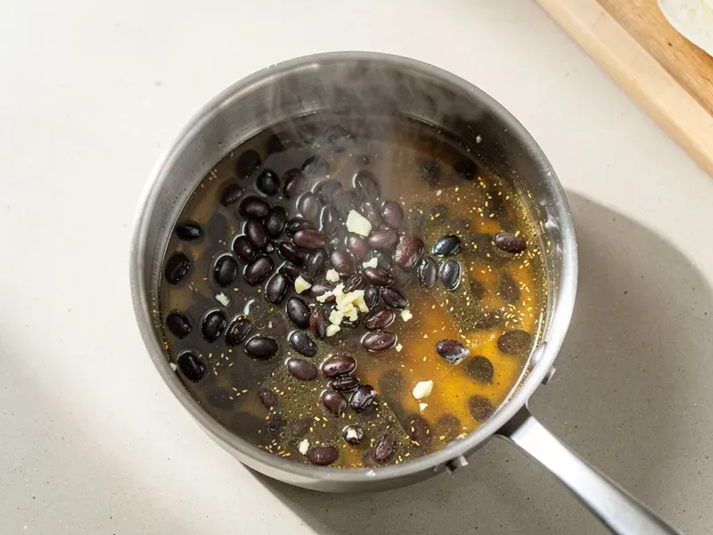 Step 3: Heat the black beans in a small saucepan with 1/2 tsp cumin, 1 clove minced garl