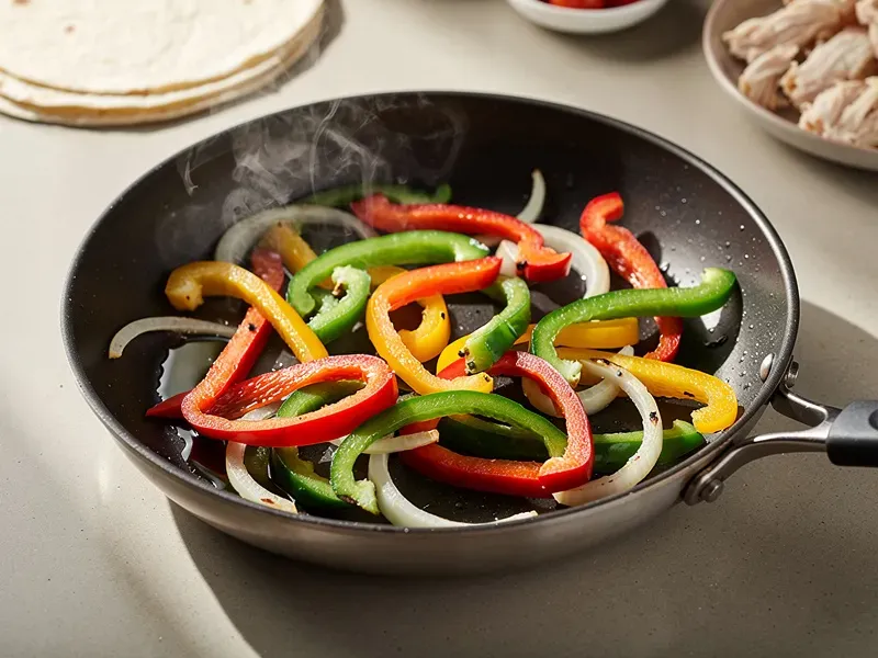 Step 4: Sauté the sliced bell pepper and onion in a hot skillet with a drizzle of oil fo