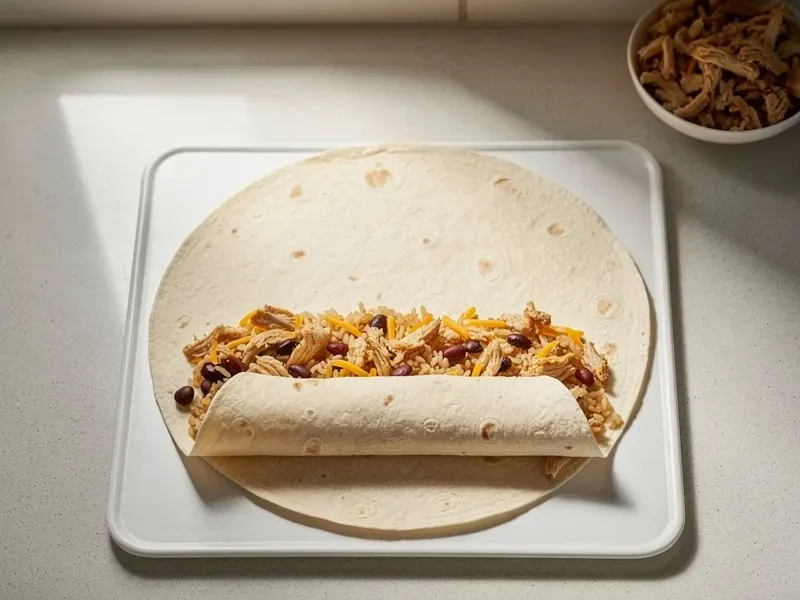 Step 9: Fold the tortilla by tucking in the left and right sides, then rolling tightly f