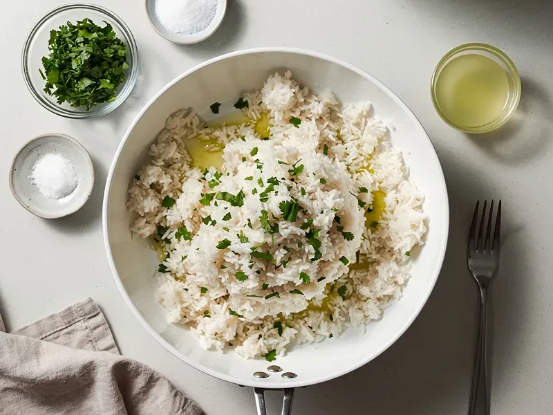 Step 2: Cook the white rice according to package directions. Once done, fold in 2 tbsp f