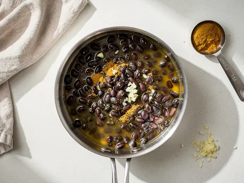 Step 3: Heat the black beans in a small saucepan with 1/2 tsp cumin, 1 clove minced garl