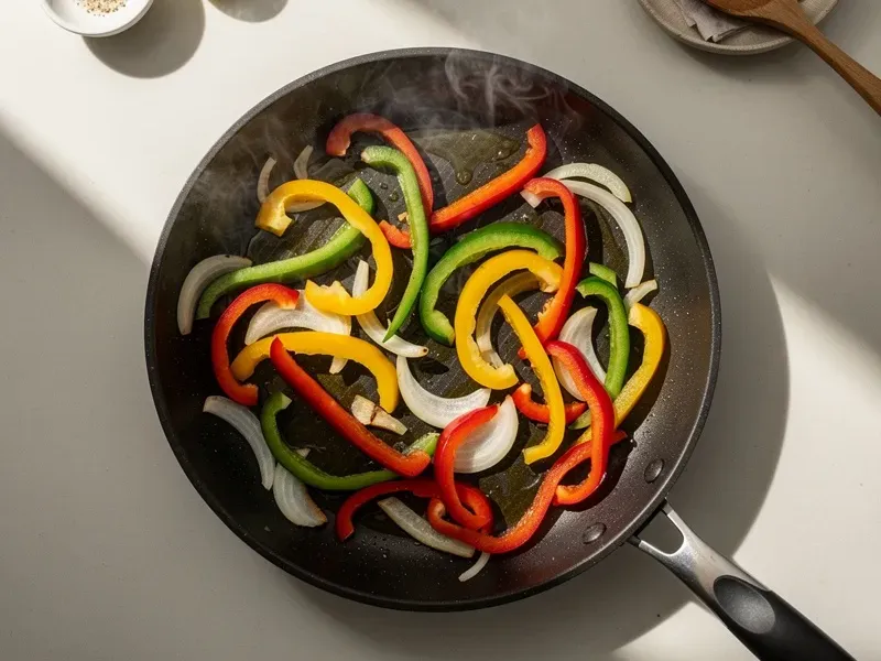 Step 4: Sauté the sliced bell pepper and onion in a hot skillet with a drizzle of oil fo
