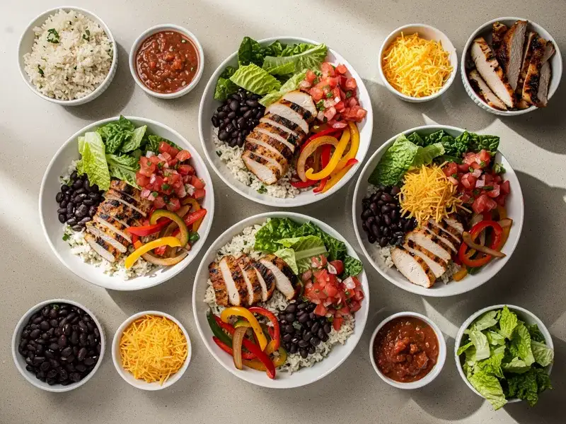Step 7: Assemble each bowl: start with a bed of cilantro-lime rice, add black beans, gri