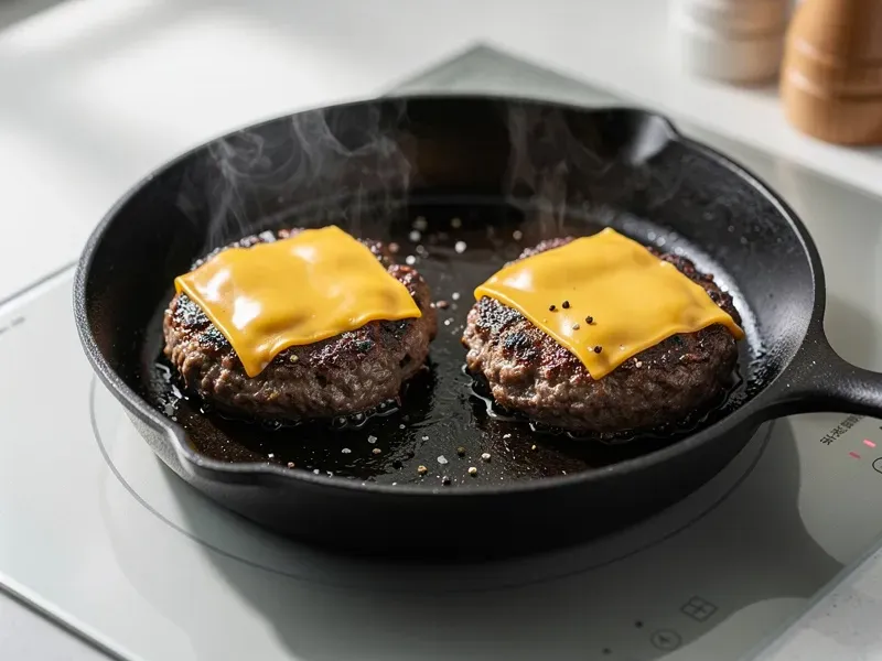 Step 2: Season the patties with salt and pepper. Cook without touching for 3 to 4 minute