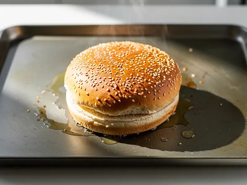 Step 3: Toast the sesame seed bun cut-side down on the griddle for about 1 minute until