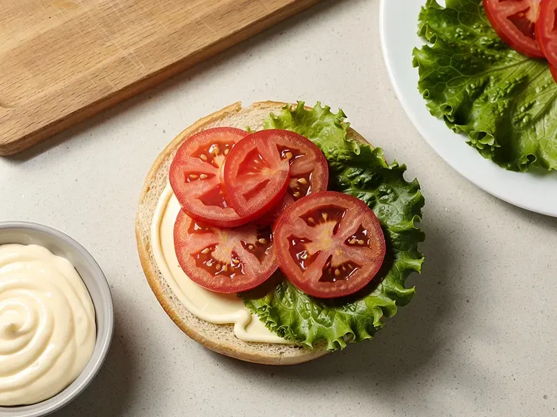 Step 4: Spread mayonnaise on the bottom bun. Add lettuce and tomato slices.