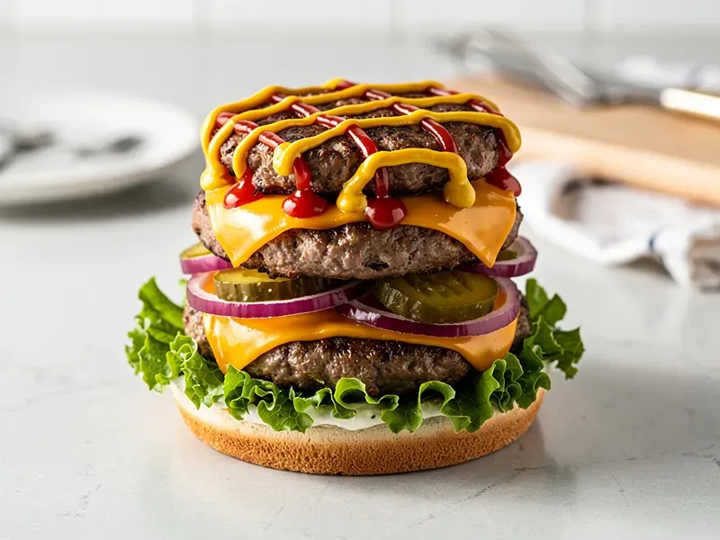 Step 5: Stack the first cheese-topped patty on the lettuce. Add onion slices, pickle chi