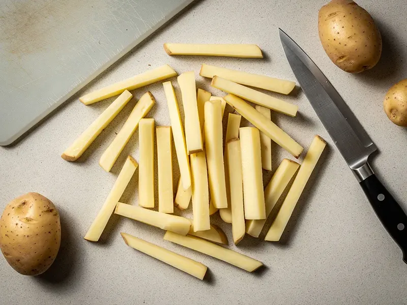 Step 1: Peel the potatoes and cut them into thick sticks about 1cm (3/8 inch) wide and 1