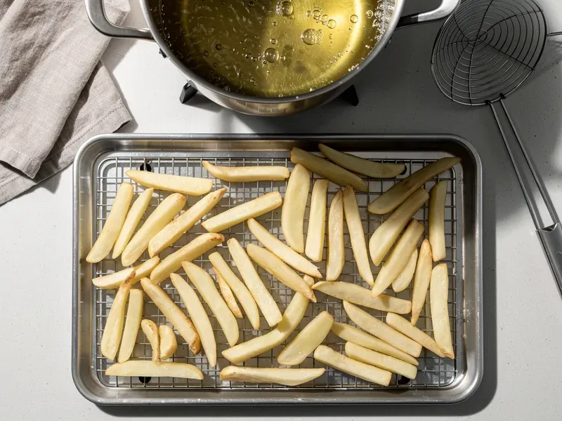 Step 3: Heat peanut oil in a deep pot or fryer to 150C (300F). Cook the fries in batches