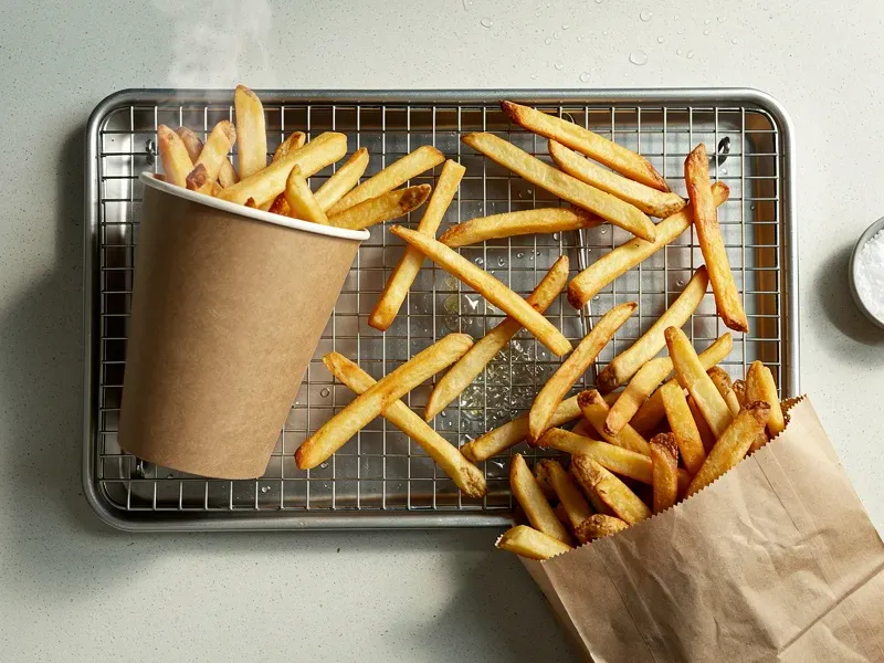 Step 5: Remove the fries and drain briefly on a wire rack. Season with salt immediately 