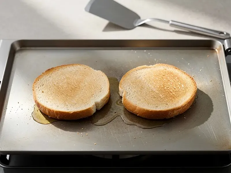 Step 4: Toast the bun halves cut-side down on the griddle for about 60 seconds until lig