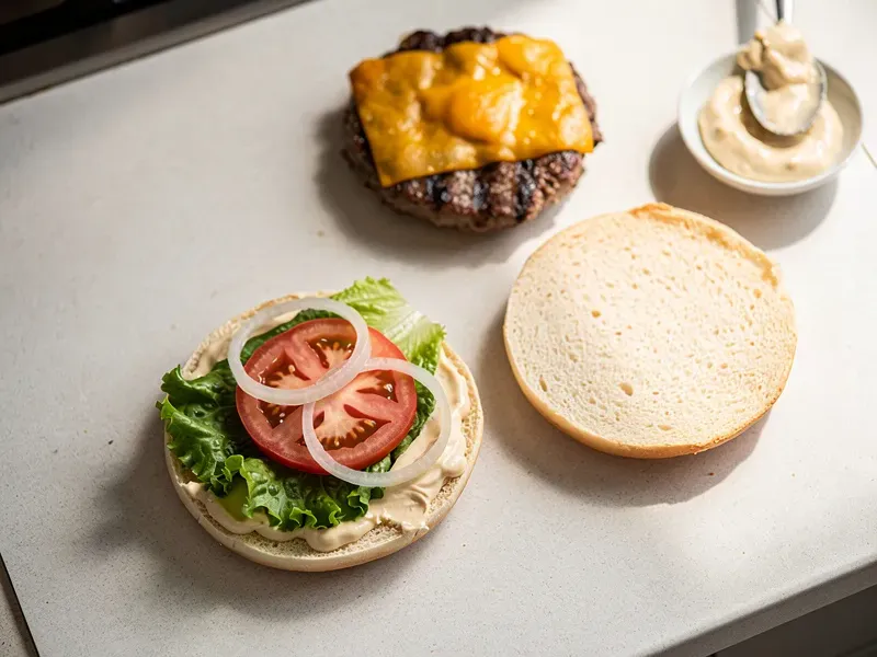 Step 5: Assemble the burger: spread a generous layer of the spread on the bottom bun, ad